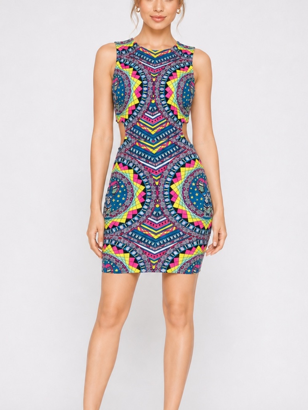 Mara Hoffman Cutout Mini Dress Geometric Bold Print Bodycon Sleeveless Boho M